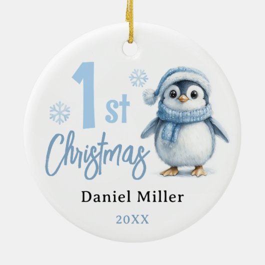 Baby Pinguïn Jongen Eerste Kerstmis 2024 Keramisch Ornament (Achterkant)