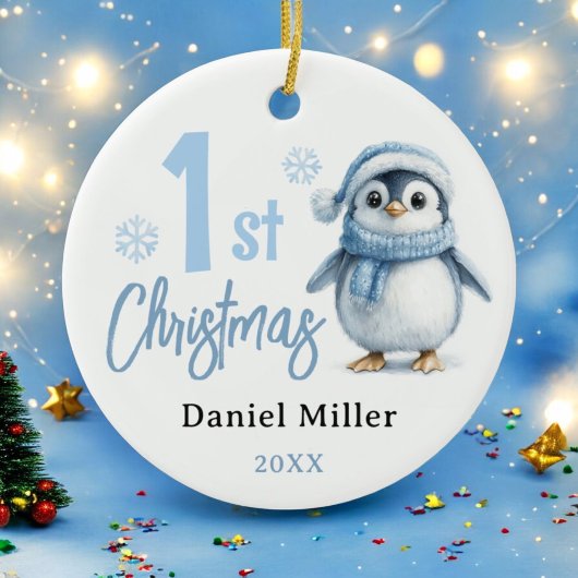 Baby Pinguïn Jongen Eerste Kerstmis 2024 Keramisch Ornament