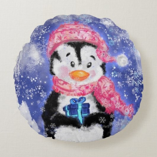 Baby Pinguïn Kerstmis Ronde Kussen Gift (Voorkant)