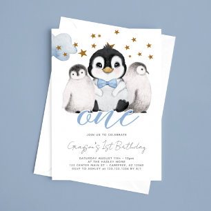 Baby Pinguïn Kinderen Eerste 1e Verjaardagsuitnodi Kaart