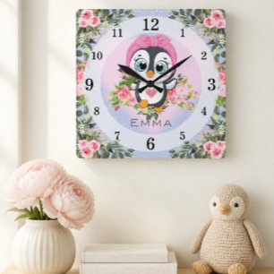Baby Pinguïn   Kinderkamer   Gepersonaliseerd Vierkante Klok