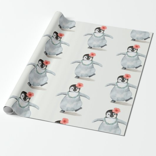 BABY PINGUÏN MET EEN BLOEMENWIKKELPAPIER CADEAUPAPIER (Uitgerold)