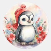 Baby Pinguïn met Kerstmis Schattige Ronde Sticker (Voorkant)