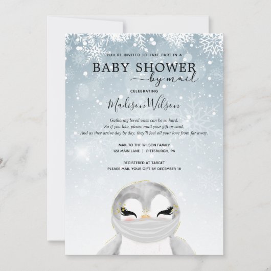 Baby Pinguïn met Masker Baby Shower per Post Kaart (Voorkant)