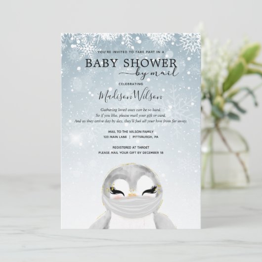Baby Pinguïn met Masker Baby Shower per Post Kaart (Staand voorkant)