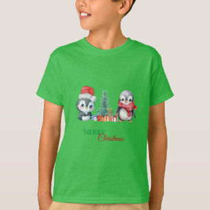 Baby Pinguïn Santa Red Groen Vrolijk Kerstfeest T-shirt