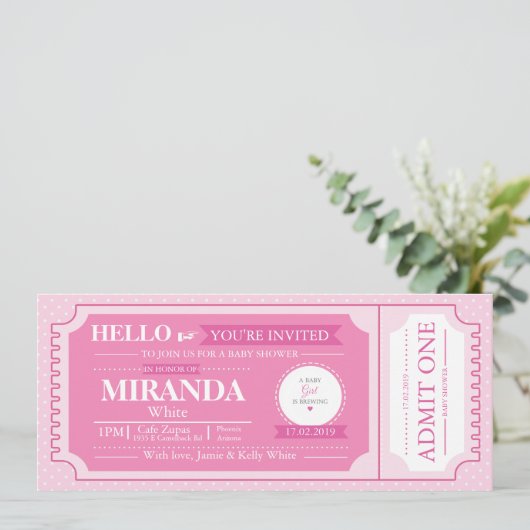 Baby Pink Baby shower Event Ticket Uitnodigen Kaart (Staand voorkant)