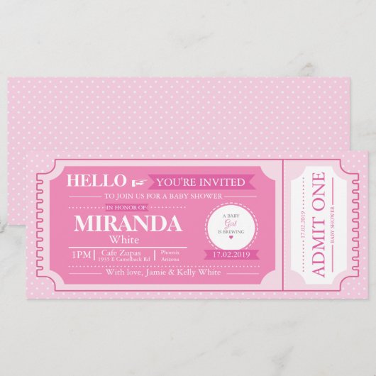Baby Pink Baby shower Event Ticket Uitnodigen Kaart (Voorkant / Achterkant)