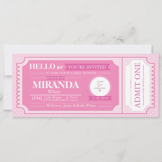 Baby Pink Baby shower Event Ticket Uitnodigen Kaart (Voorkant)