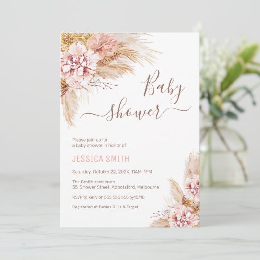 Baby Pink Boho Floral Pampas Grass Baby shower Kaart (Staand voorkant)