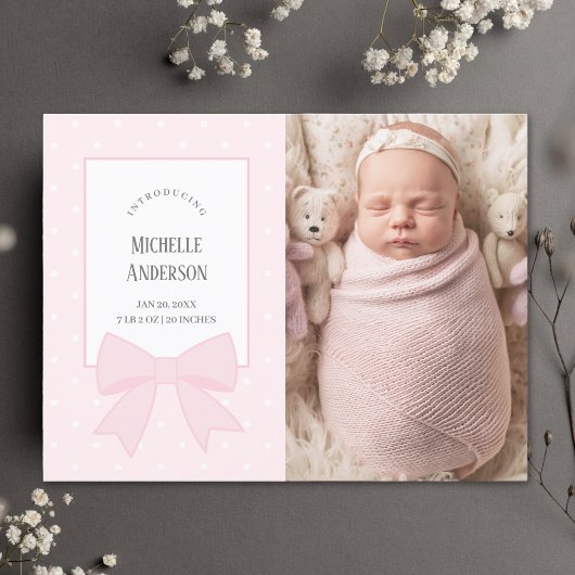 Baby Pink Bow Baby Girl Foto Aankondiging Geboorte