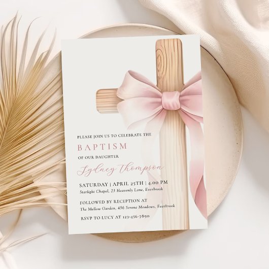 Baby Pink Bow Cross Girl Baptism Kaart