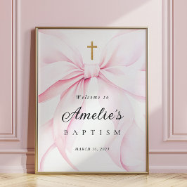 Baby Pink Bow Girl Baptism Welcome Poster
