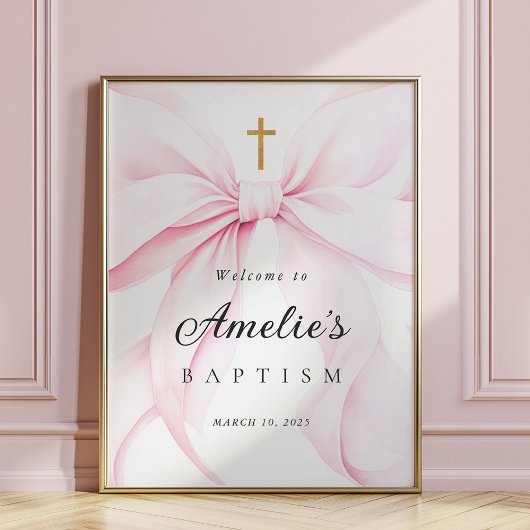 Baby Pink Bow Girl Baptism Welcome Poster