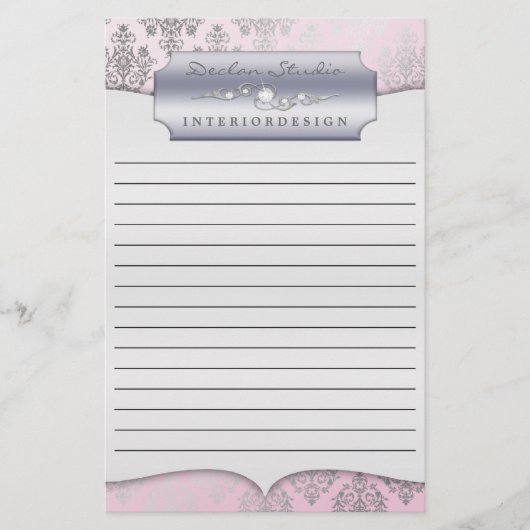 Baby Pink Dashing Damask Lined Zakelijk Briefpapie Briefpapier (Voorkant)