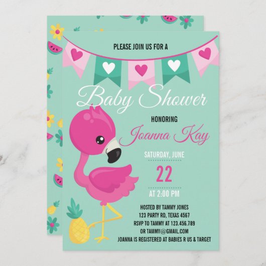 Baby Pink Flamingo Baby shower Uitnodiging (Voorkant / Achterkant)