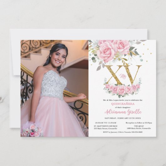 Baby Pink Floral Gold XV Quinceañera Quince Foto Kaart (Voorkant)
