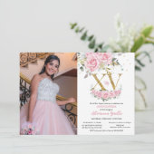 Baby Pink Floral Gold XV Quinceañera Quince Foto Kaart (Staand voorkant)