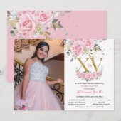 Baby Pink Floral Gold XV Quinceañera Quince Foto Kaart (Voorkant / Achterkant)