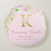 Baby Pink Floral Monogram Baby Stats Rond Kussen (Voorkant)