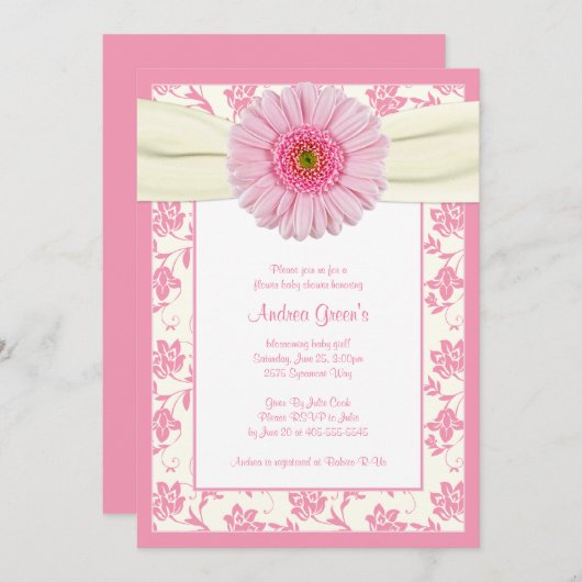 Baby Pink Gerbera Ivory Baby shower Uitnodiging (Voorkant / Achterkant)