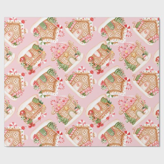 Baby Pink Gingerbread House Pattern Vakantie Cadeaupapier (Vlak)