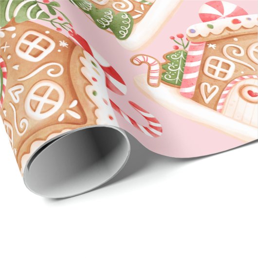 Baby Pink Gingerbread House Pattern Vakantie Cadeaupapier (Rol Hoek)