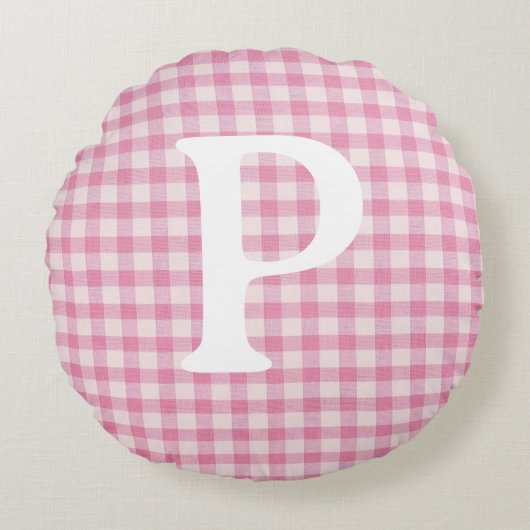 Baby Pink Gingham Initiaal Custom Rond Kussen (Voorkant)