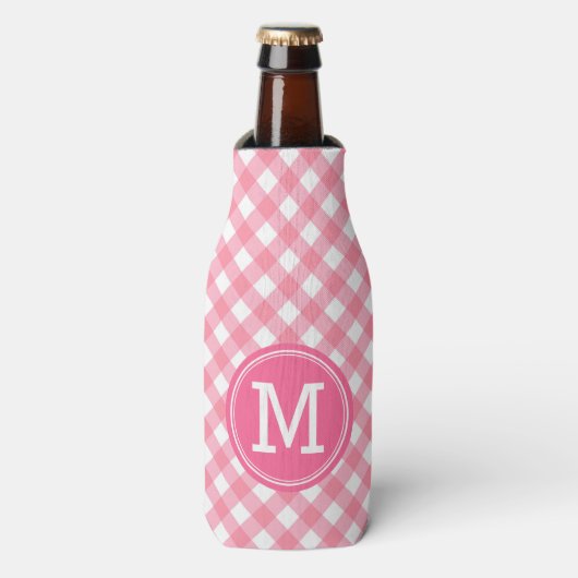Baby Pink Gingham Personaliseer Monogram Flesjeskoeler (Fles Voorkant)