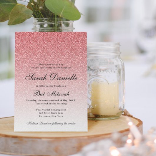 Baby Pink Glitter Glam Bat Mitzvah Kaart