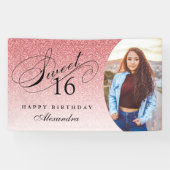 Baby Pink Glitter Sweet 16 gepersonaliseerde foto Spandoek (Horizontaal)