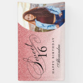 Baby Pink Glitter Sweet 16 gepersonaliseerde foto Spandoek (Verticaal)