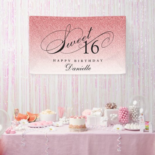Baby Pink Glitter Sweet 16 Gepersonaliseerde Verja Spandoek (Feest)