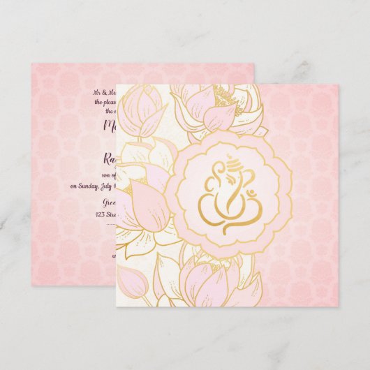 Baby Pink Gold Ganesh Indiase huwelijksuitnodiging Kaart (Voorkant / Achterkant)
