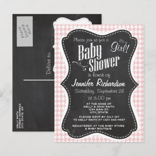 Baby Pink Houndstooth; Retro krijtbordlook Uitnodiging Briefkaart (Voorkant / Achterkant)