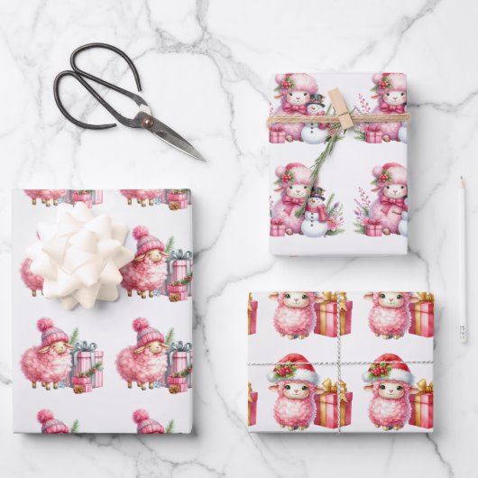 Baby Pink Lambs Christmas Kinder Inpakpapier Vel (Voorkant)