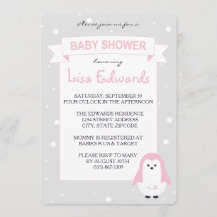 Baby Pink Penguin Baby shower Uitnodiging