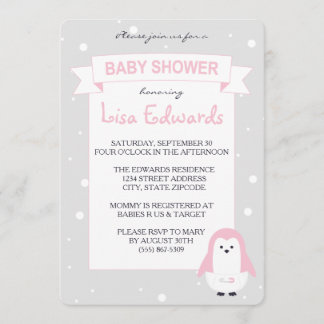 Baby Pink Penguin Baby shower Uitnodiging