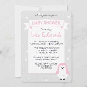 Baby Pink Penguin Baby shower Uitnodiging
