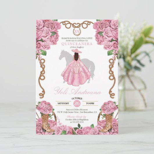 Baby Pink Rose Floral Western Charro Quinceañera Kaart (Staand voorkant)