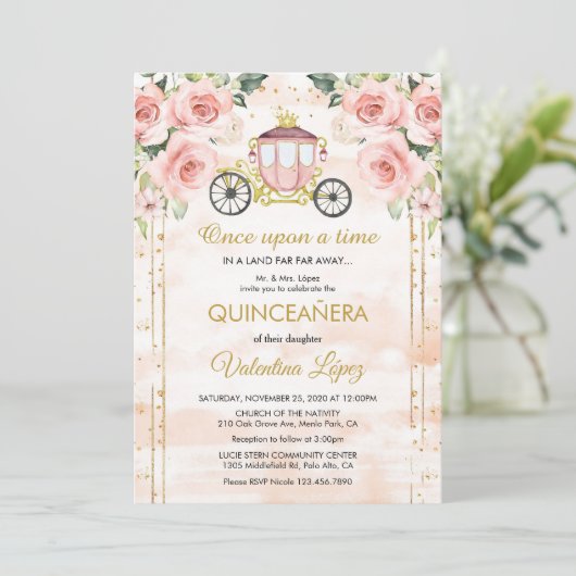 Baby Pink Roses Princess Cinderella Quinceañera Kaart (Staand voorkant)