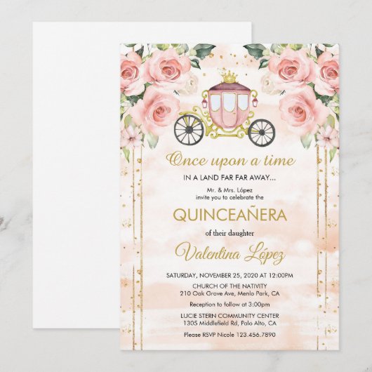 Baby Pink Roses Princess Cinderella Quinceañera Kaart (Voorkant / Achterkant)