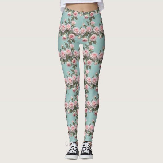 Baby Pink Roses With Sage Green Leaves Leggings (Voorkant)
