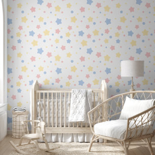 Baby Pink, Yellow, and Blue Stars on White Pattern Behang