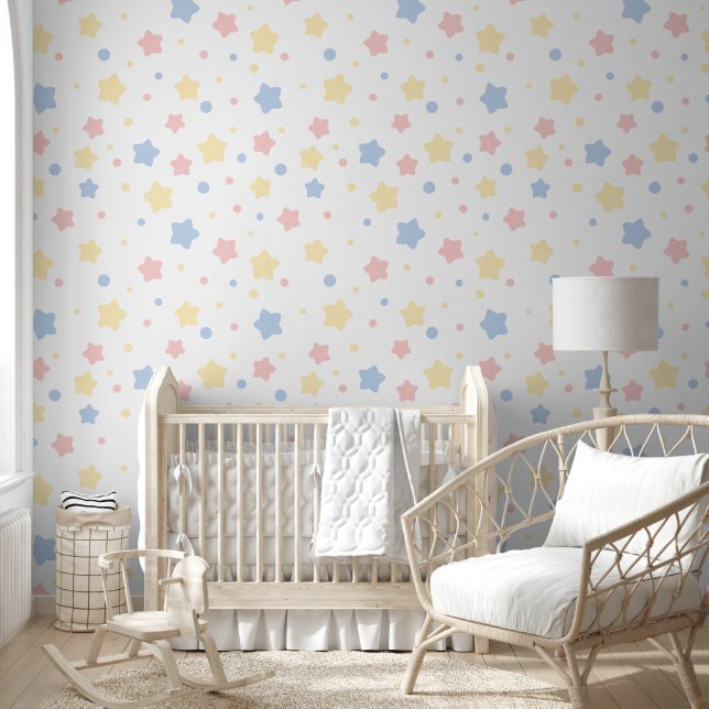 Baby Pink, Yellow, and Blue Stars on White Pattern Behang (Kinderen)