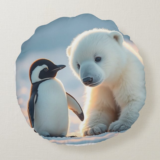 Baby polair beer en pinguïn kussens. rond kussen (Achterkant)