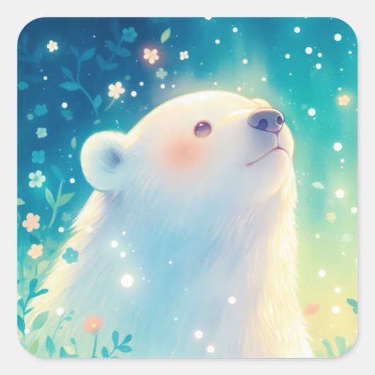 Baby Polar Bear Gazing Up in Sunlit Meadow Vierkante Sticker (Voorkant)