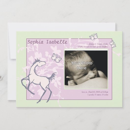 Baby Pony en Butterflies Girl Birth Announding Aankondiging (Voorkant)