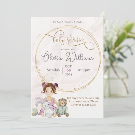 Baby pop en speelgoed kaart (Staand voorkant)