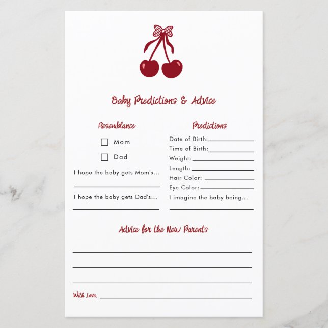 Baby Predictions Advice Cherry Bow Baby Shower (Voorkant)